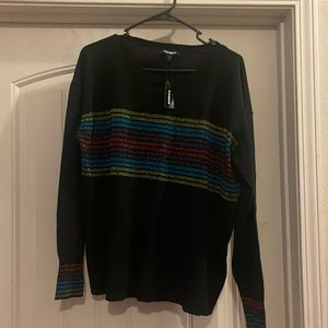 Express  black sweater rainbow  metallic stripes new with tag